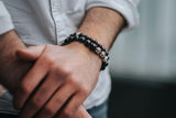 Bracelet homme perles onyx noir et perles de Bali argent massif 10mm
