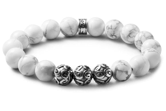 Bracelet prestige perles Howlite blanc 10mm et argent massif