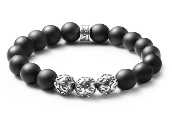 Bracelet homme perles onyx noir mat perles de Bali en argent massif 10mm