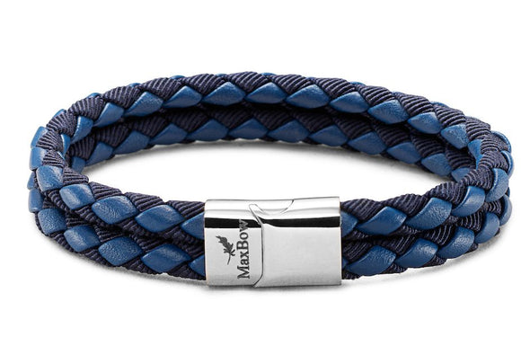 Bracelet homme double tour cuir et tissu twist bleu