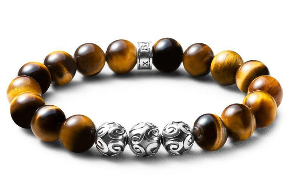 Bracelet en pierres oeil de tigre 10mm et perles de Bali en argent massif