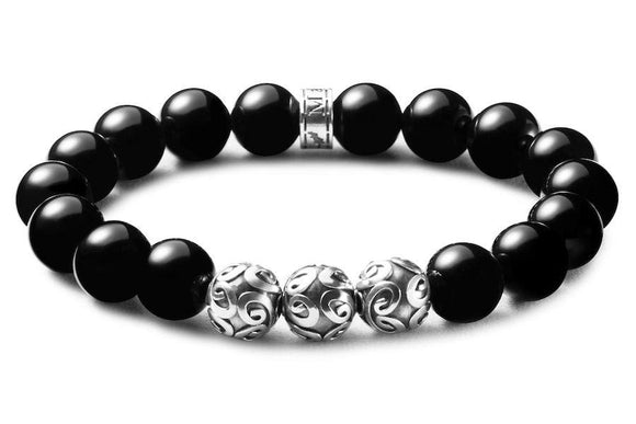 Bracelet homme perles onyx noir 10mm et perles de Bali argent massif 10mm
